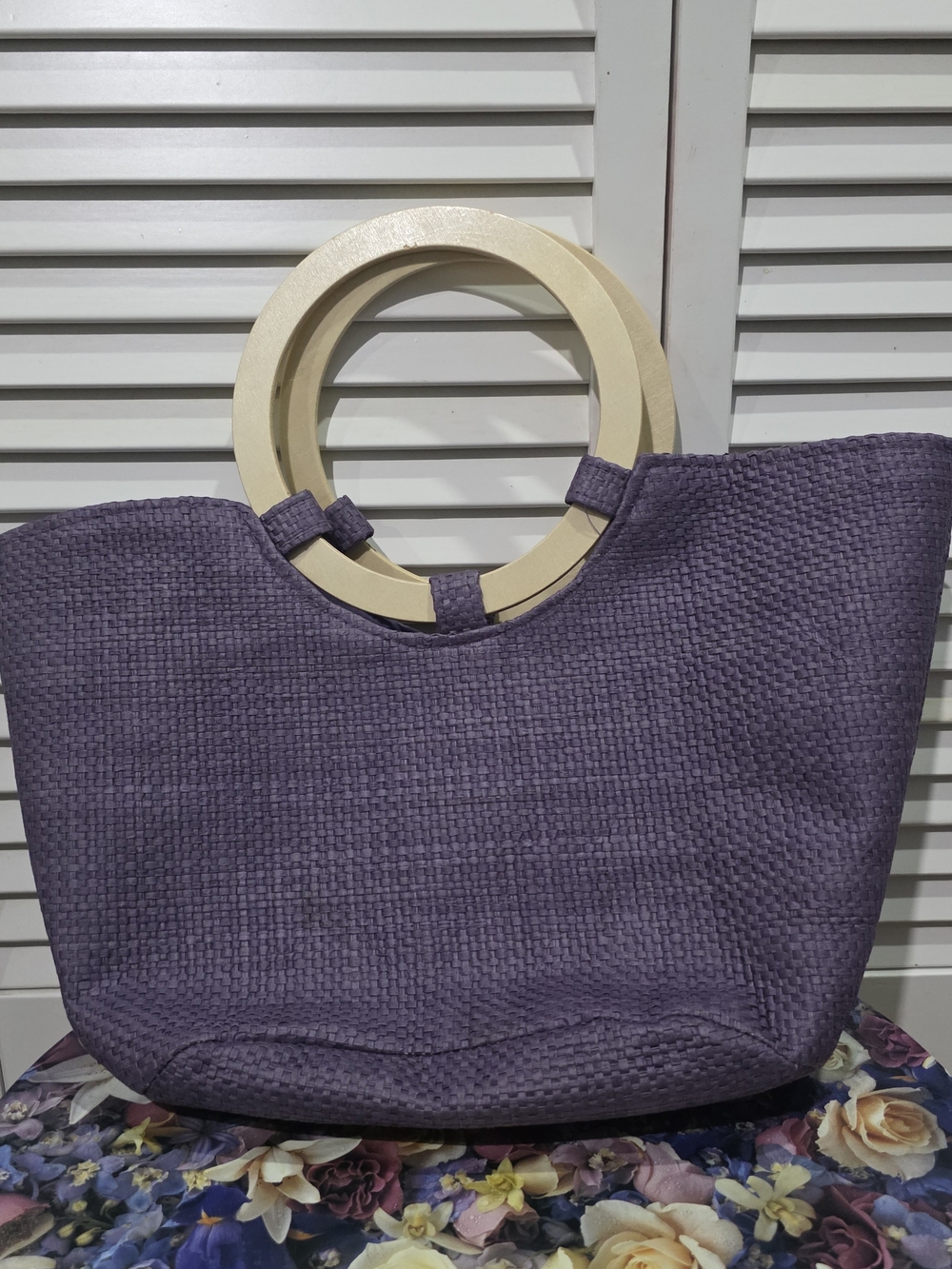 Purple Woven Tote Bag with Wooden Circle Handles